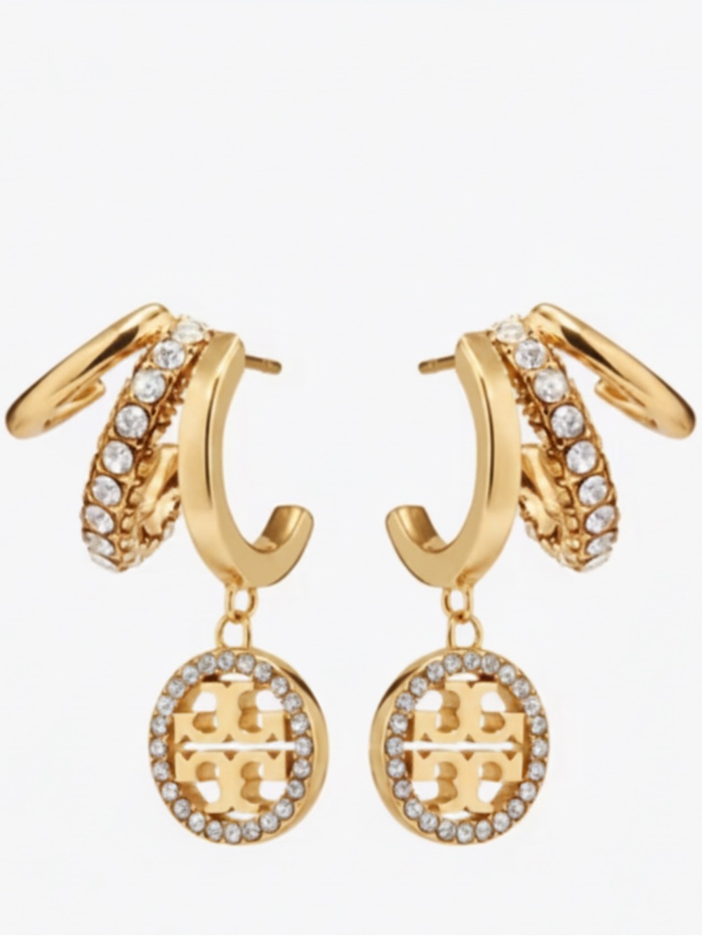TORY BURCH ICON GOLD PAVÉ TRIPLE HOOP EARRINGS - Picture 4 of 4